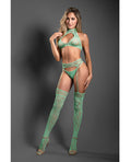 Sheer by Fantasy Sheer Heart Of Glass Lace Knit Halter Top w/G-String & Gartered Stockings 3 pc Set - Mint O/S - Image 4