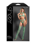 Sheer by Fantasy Sheer Heart Of Glass Lace Knit Halter Top w/G-String & Gartered Stockings 3 pc Set - Mint O/S - Image 3