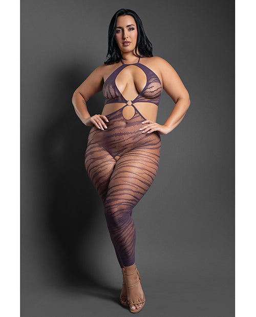 Sheer by Fantasy Sheer Set Me Free Mesh Body Stocking w/Zebra Pattern & Open Crotch - Purple QN