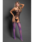 Sheer by Fantasy Sheer No Comparison Body Stocking w/G-String 2 pc Set - Black/Purple O/S