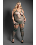 Sheer by Fantasy Sheer Wild Heart Reptile Print Bodystocking Dress w/Attached Stockings - Green QN