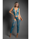 Sheer by Fantasy Sheer Everlasting Lace Bodystocking w/Attached Stockings & G-String 2 pc Set - Teal O/S - Image 2
