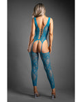 Sheer by Fantasy Sheer Everlasting Lace Bodystocking w/Attached Stockings & G-String 2 pc Set - Teal O/S - Image 3