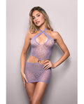 Vixen by Fantasy Lingerie Vixen Serendipity Rhinestone Leopard Knit Keyhole Halter Dress - Lavender O/S