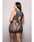 Vixen by Fantasy Lingerie Vixen Floral Lace Knit Tie Back Top w/Skirt 2 pc Set - Navy QN - Image 2