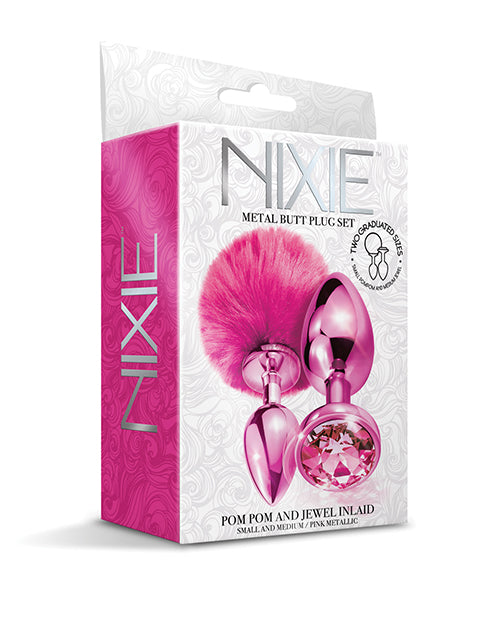 Nixie Nixie Metal Butt Plug Set w/Jewel Inlaid & Pom Pom - Pink Metallic