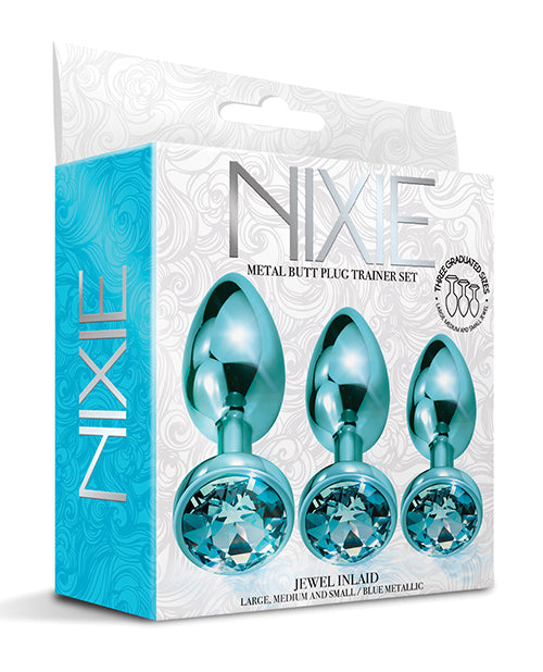 Nixie Nixie Metal Butt Plug Trainer Set w/Inlaid Jewel - Blue Metallic