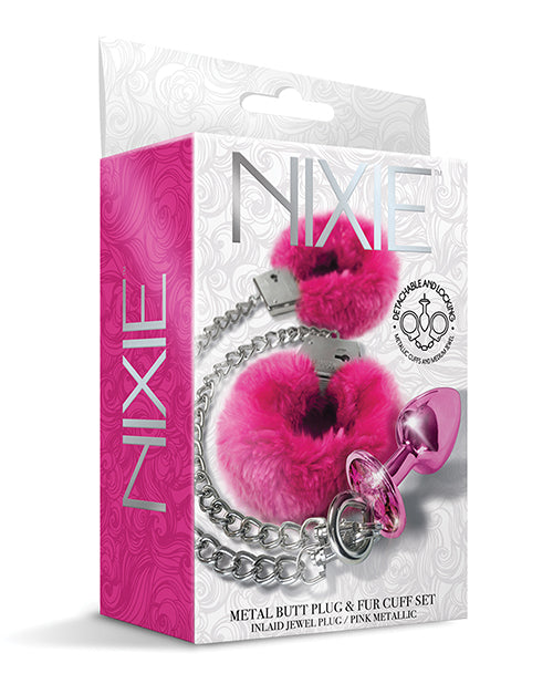 Nixie Nixie Metal Butt Plug w/Inlaid Jewel & Fur Cuff Set - Pink Metallic