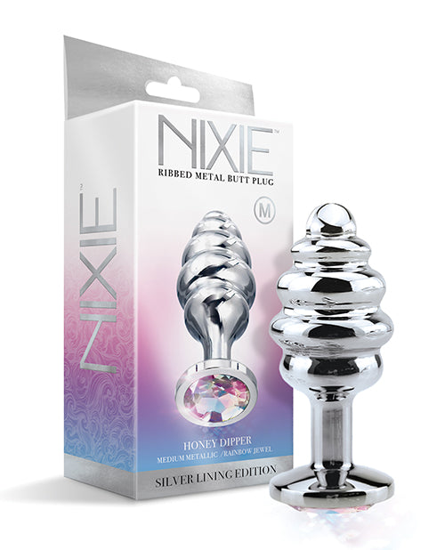Nixie Nixie Honey Dipper Ribbed Metal Rainbow Jeweled Butt Plug - Medium