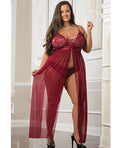 G World Empire Waist Laced Sheer Long Dress & Panty Mulled Wine QN