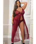 G World Empire Waist Laced Sheer Long Dress & Panty Mulled Wine QN - Image 2