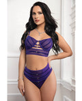G World Mesh Underwire Bra 2 pc Set with Velour Accents - Purple O/S