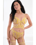 Not Regular Toys Embroidered Cropped Top, High Waist Garter Panty Thong, & Stockings 3 pc Set - Yellow O/S - Image 2