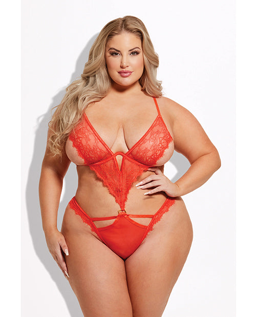 House of Desire Nadia Lace & Mesh Cutout Teddy - Grenadine Dark Orange 1X/2X