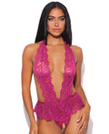 House of Desire Jocelyn Lace Halter Teddy w/Open Crotch - Raspberry 1X/2X