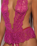 House of Desire Jocelyn Lace Halter Teddy w/Open Crotch - Raspberry 3X/4X - Image 3