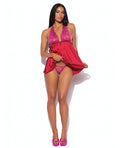 House of Desire Jocelyn Lace & Satin Halter Mini Babydoll Dress w/Thong - Raspberry MD - Image 3