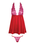 House of Desire Jocelyn Lace & Satin Halter Mini Babydoll Dress w/Thong - Raspberry MD - Image 5