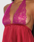 House of Desire Jocelyn Lace & Satin Halter Mini Babydoll Dress w/Thong - Raspberry XL - Image 4
