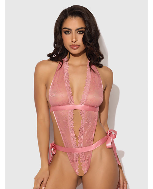 House of Desire Kiki Lace & Satin Drop Off Teddy - Rose MD