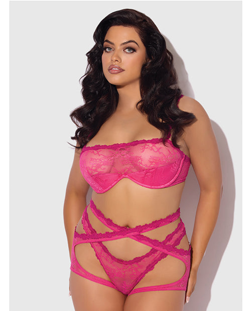 House of Desire Yvone Lace Bra w/Removable Straps, Garter & Tanga Panty 3 pc Set - Pink 1X/2X