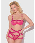 House of Desire Yvone Lace Bra w/Removable Straps, Garter & Tanga Panty 3 pc Set - Pink SM