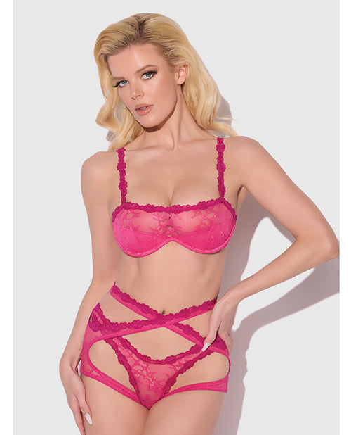 House of Desire Yvone Lace Bra w/Removable Straps, Garter & Tanga Panty 3 pc Set - Pink XL
