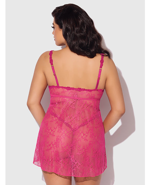 House of Desire Yvone Lace Babydoll w/Front Closure & G-String 2 pc Set - Pink 1X/2X