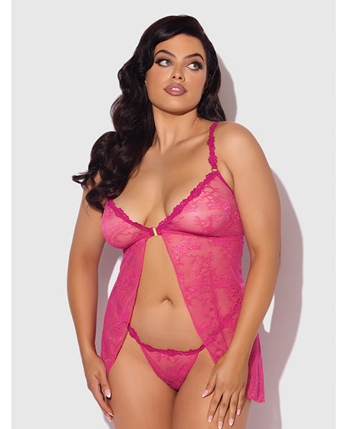 House of Desire Yvone Lace Babydoll w/Front Closure & G-String 2 pc Set - Pink 3X/4X
