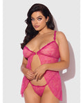 House of Desire Yvone Lace Babydoll w/Front Closure & G-String 2 pc Set - Pink 3X/4X - Image 2