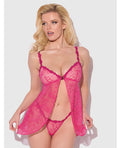 House of Desire Yvone Lace Babydoll w/Front Closure & G-String 2 pc Set - Pink LG - Image 3