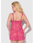 House of Desire Yvone Lace Babydoll w/Front Closure & G-String 2 pc Set - Pink LG - Image 4