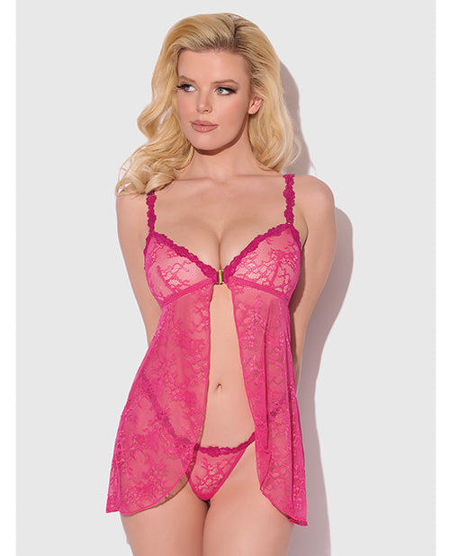House of Desire Yvone Lace Babydoll w/Front Closure & G-String 2 pc Set - Pink MD