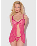 House of Desire Yvone Lace Babydoll w/Front Closure & G-String 2 pc Set - Pink MD