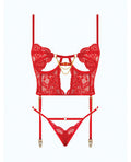 House of Desire Cecily Lace & Mesh Bustier w/Thong & Garter Straps - Red 3X/4X - Image 3