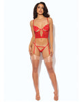 House of Desire Cecily Lace & Mesh Bustier w/Thong & Garter Straps - Red SM - Image 3