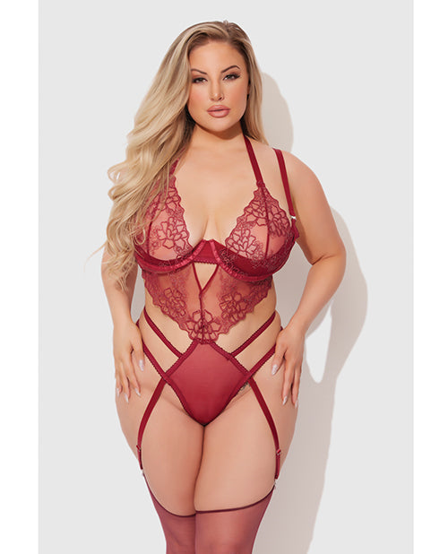 House of Desire Eden Embroidered Lace & Mesh Teddy w/Garters - Dark Red 1X/2X