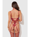 House of Desire Eden Embroidered Lace & Mesh Teddy w/Garters - Dark Red MD - Image 2