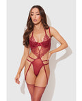 House of Desire Eden Embroidered Lace & Mesh Teddy w/Garters - Dark Red SM