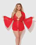 House of Desire Dragon Sheer Mesh Robe w/Satin Triangle Top & G-String 3 pc Set - Red 1X/2X