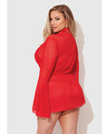 House of Desire Dragon Sheer Mesh Robe w/Satin Triangle Top & G-String 3 pc Set - Red 3X/4X - Image 2