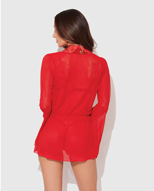 House of Desire Dragon Sheer Mesh Robe w/Satin Triangle Top & G-String 3 pc Set - Red SM