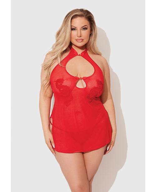 House of Desire Dragon Mesh & Applique Chemise w/G-String 2 pc Set - Red 1X/2X