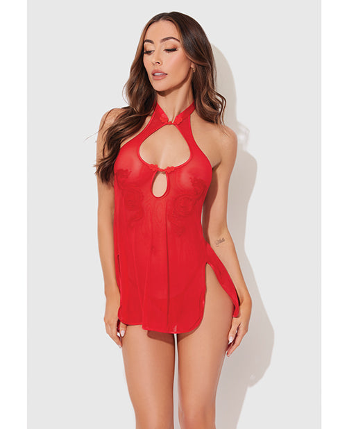 House of Desire Dragon Mesh & Applique Chemise w/G-String 2 pc Set - Red LG