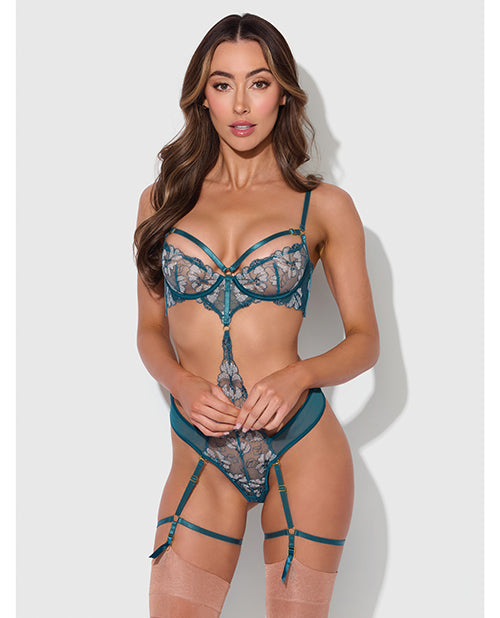 House of Desire Nova Lace Teddy w/Garters - Jade Blue LG