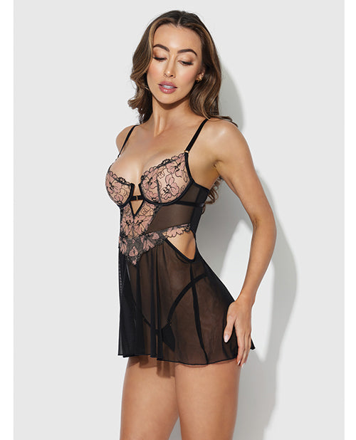 House of Desire Nova Lace & Mesh Babydoll w/G-String 2 pc Set - Black LG