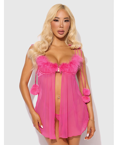 House of Desire Marilyn Marabou & Mesh Babydoll & G-String Set - Pink 1X/2X