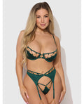 House of Desire Evangeline Satin & Chain Push Up Bra, Thigh Garter Belt & G-String Set - Green MD - Image 2