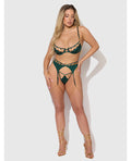 House of Desire Evangeline Satin & Chain Push Up Bra, Thigh Garter Belt & G-String Set - Green MD