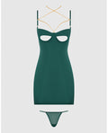 House of Desire Evangeline Satin & Chain Open Cup & Back Chemise & G-String Set - Green LG - Image 5